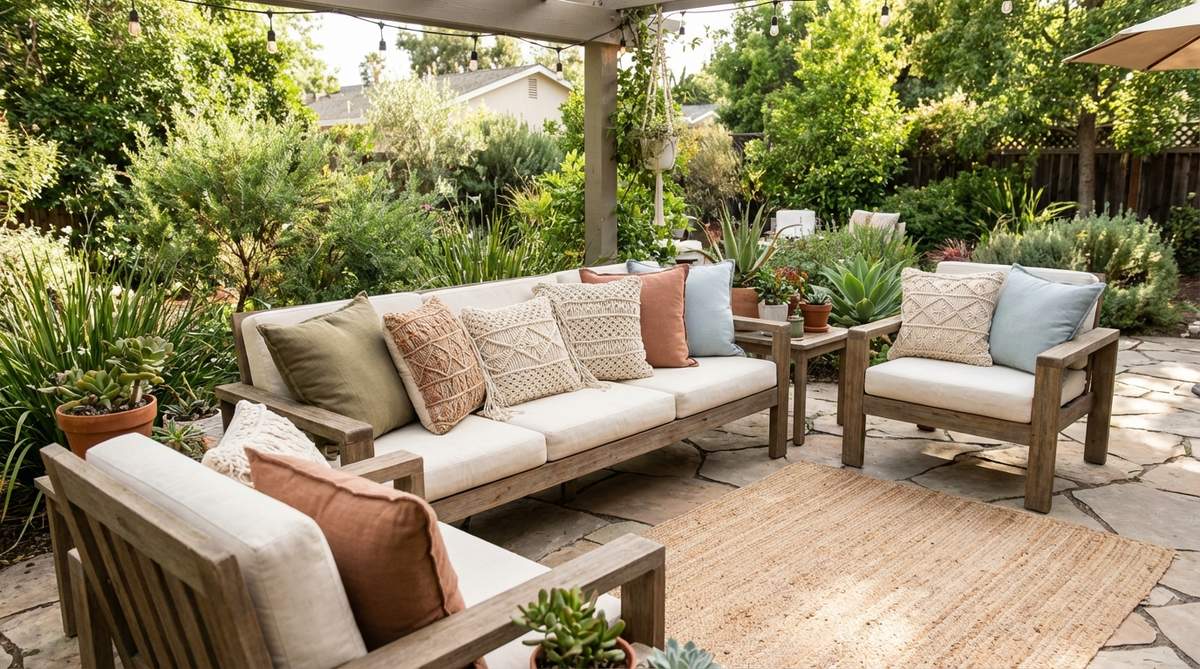 Macrame cushion covers with textured fronts for lounge seating at a boho wedding, designed to tie furniture into the overall decor scheme. These covers provide visual interest while ensuring comfort for guests, and can be mixed with solid-colored linens in complementary tones to maintain boho authenticity without appearing overly crafty.