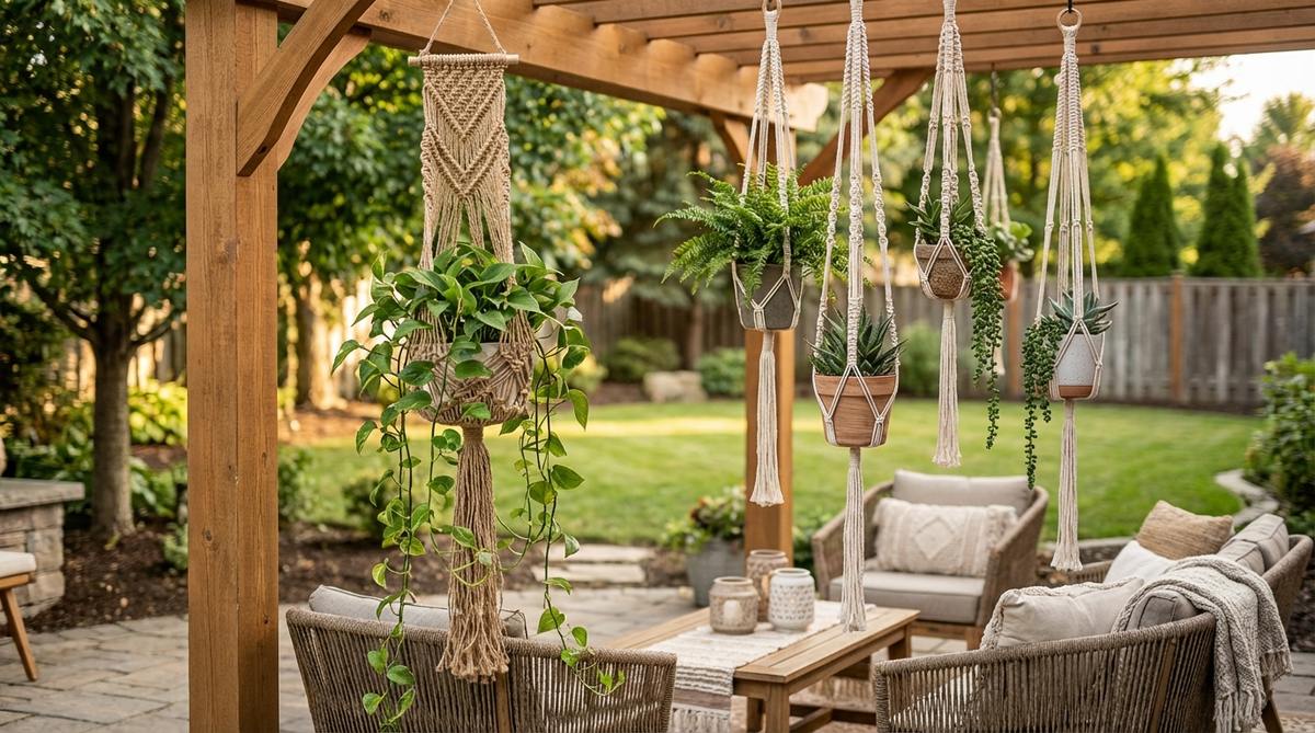 A knotted cord plant hanger suspending a trailing plant, ideal for boho garden furniture, with multiple strands and varying lengths to create dimension when grouped.