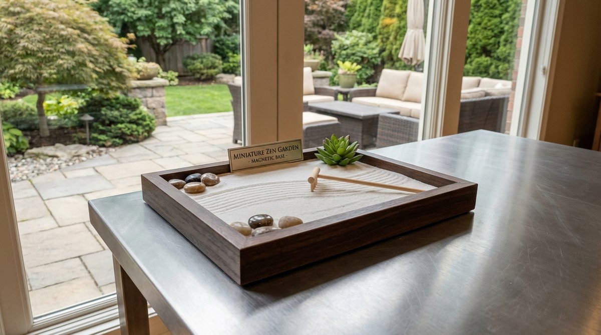 A miniature zen garden magnetic sand tray securely attached to a metal office desk surface. The tray features magnetic strips on its base that prevent accidental tipping and allow vertical mounting to save desk space. Perfect for creating a calming zen garden in busy office environments.
