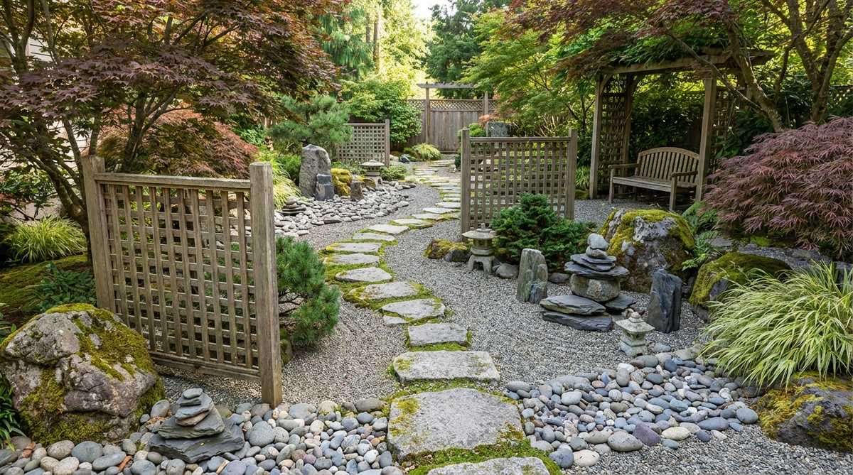 A curved stepping stone path winds through a Japanese stone garden, strategically placed screens and taller stones conceal then reveal stone groupings as visitors navigate turns, creating a narrative progression through space with controlled discovery and extended engagement time.