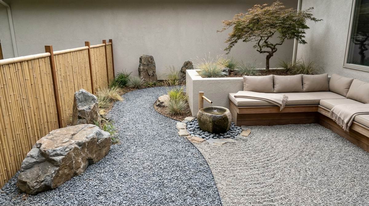 A minimalist zen terrace garden design featuring gravel pathways, bamboo elements, and carefully placed specimen stones. The space includes a subtle water feature creating gentle sounds, with cushioned seating positioned to face tranquil focal points. The design emphasizes clean lines, negative space, and restrained plant varieties to promote mental clarity and contemplation.