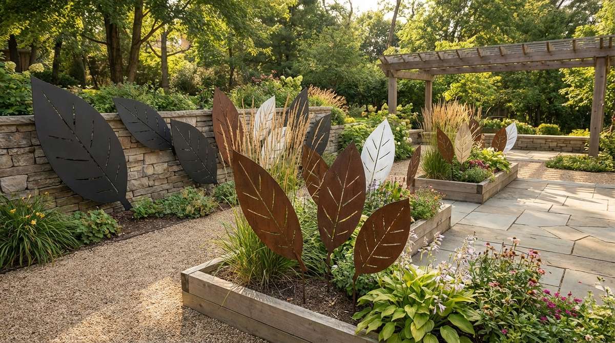 Oversized steel or aluminum leaf clusters in naturalistic or stylized forms for garden decor. Features powder coating, patina, or polished finishes, with individual leaves ranging 12-36 inches long. Ideal for arranging in groupings to suggest wind-scattered foliage, mounted on walls or staked into planted beds. Weather-resistant coatings ensure long-lasting appearance.