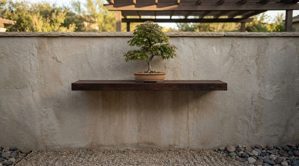 A minimalist floating shelf displaying a single bonsai tree, embodying zen garden principles with negative space for meditative focus.