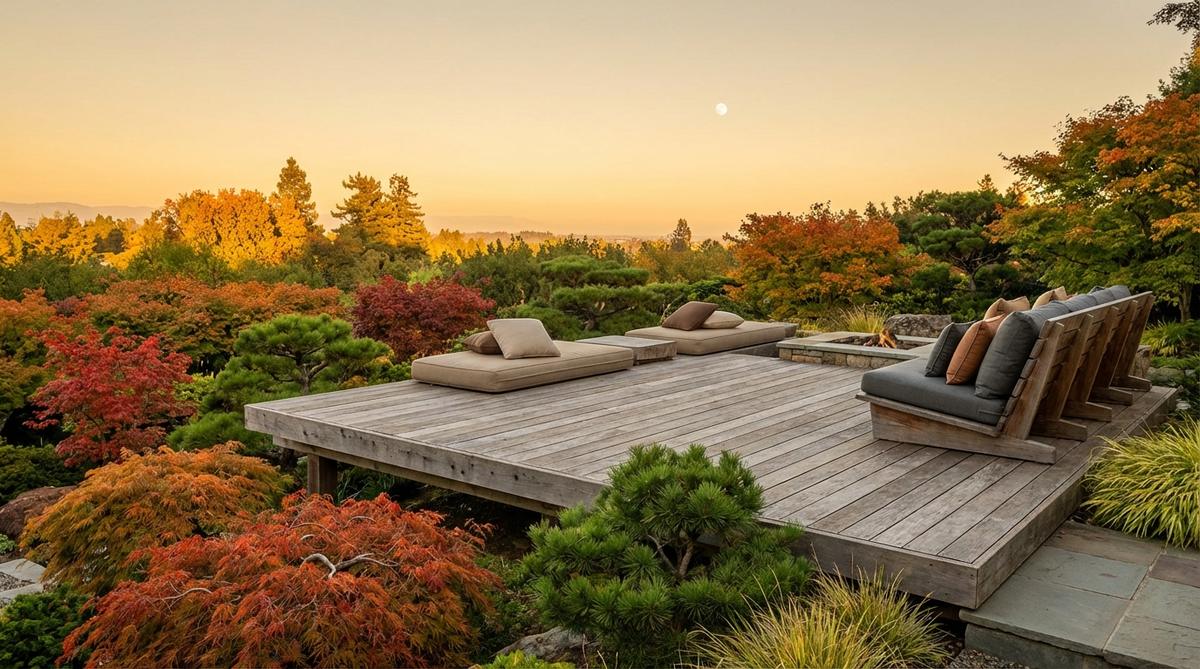 An elevated platform with southern exposure in a Japanese garden, designed for tsukimi (moon-viewing) to appreciate the autumn harvest moon. The deck rises above surrounding vegetation to minimize obstructions, furnished with low cushions or a reclined bench for comfortable supine positioning, avoiding overhead structures or tall plants on the southern side to ensure clear lunar views.