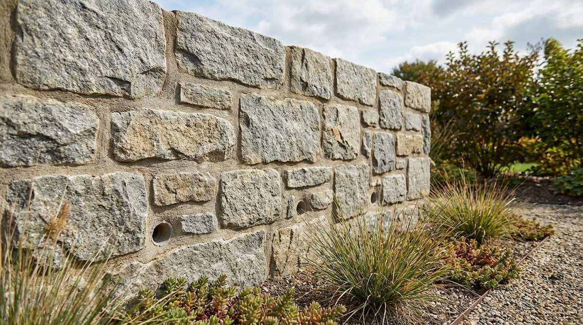 A close-up view of a mortared stone wall in a stone garden, showcasing flush joints and weep holes for drainage, ideal for formal settings and high-traffic areas.