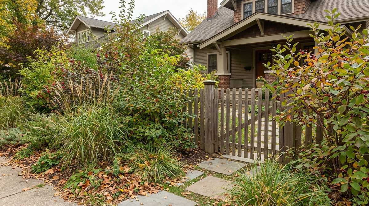 A layered native hedgerow habitat in a garden, showcasing mixed shrubs that create wildlife corridors and provide year-round food and shelter for birds, beneficial insects, and small mammals, enhancing ecological function and garden aesthetics.