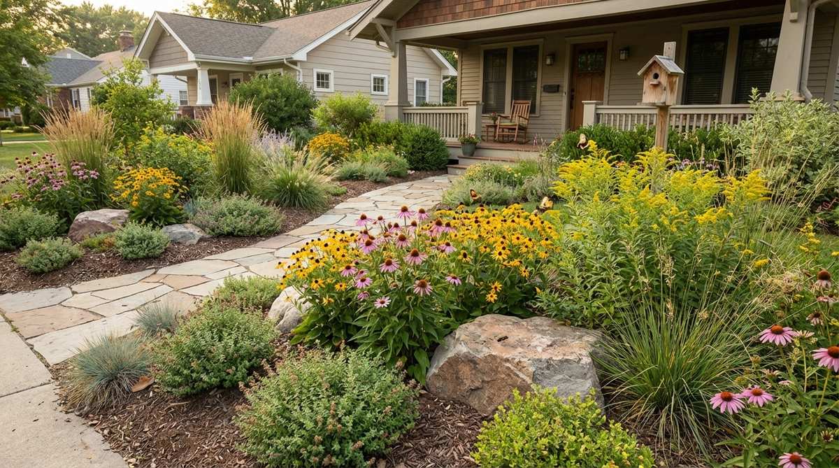 A front yard garden featuring regional native plants adapted to local conditions, requiring less water and maintenance while supporting pollinators and wildlife, with a naturalistic, layered appearance trending in landscape design.