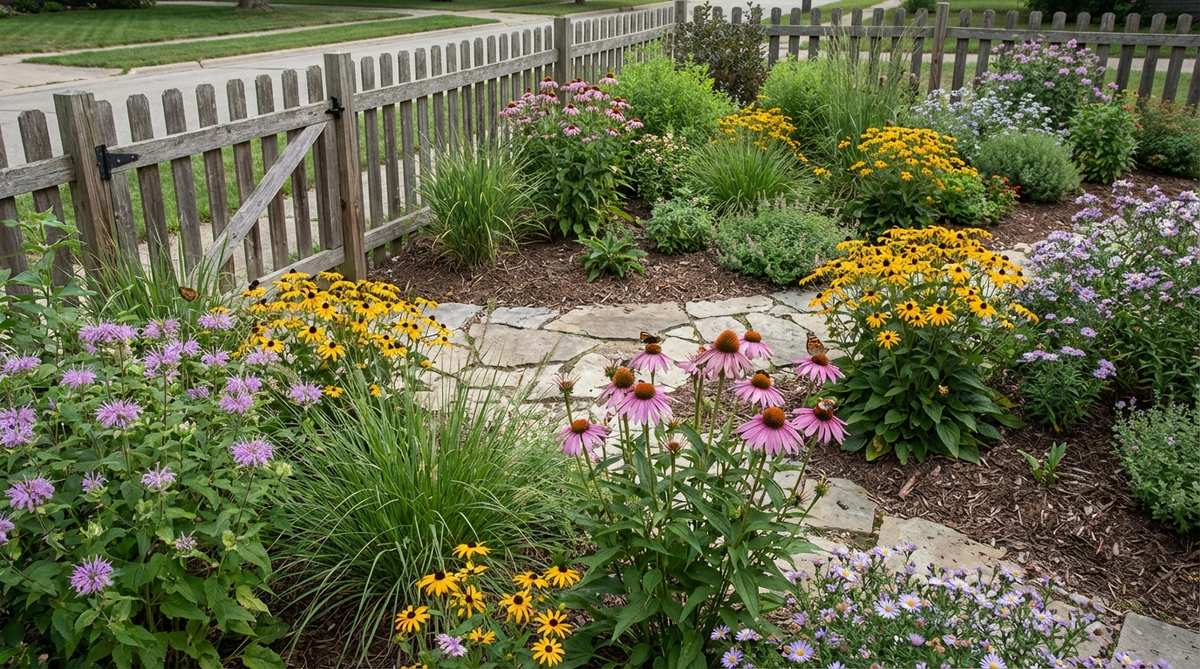A selection of native plants thriving in a small garden setting, showcasing regionally appropriate species that support local pollinators and require minimal maintenance.