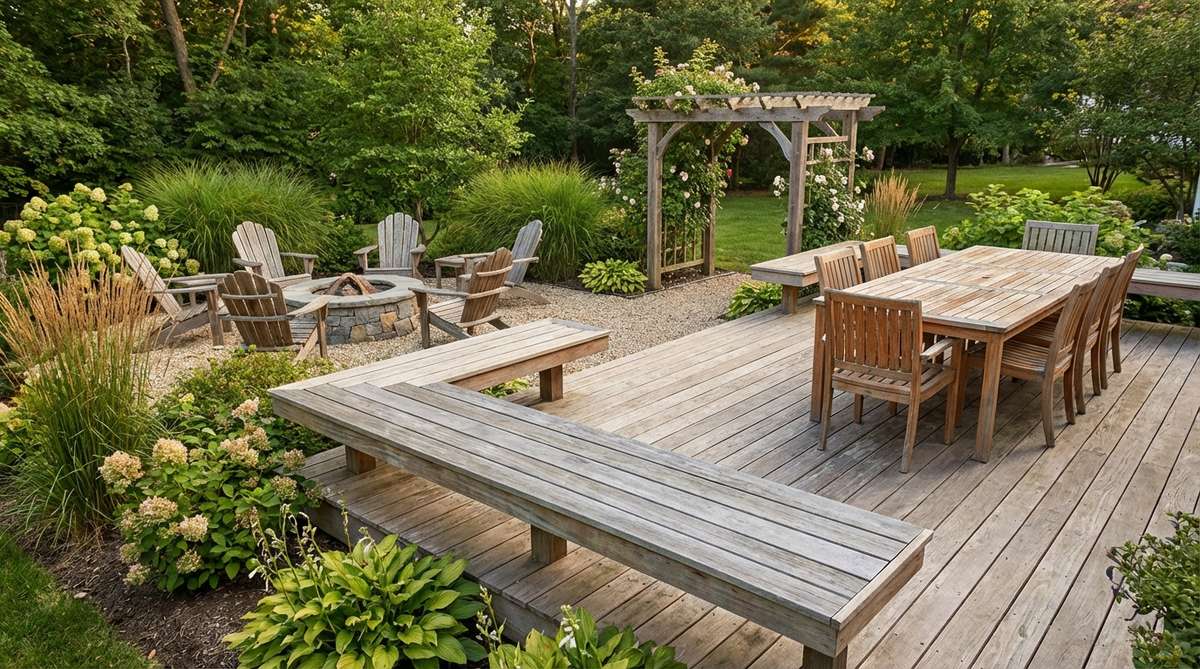 A cozy garden featuring natural wood accents such as teak, cedar, or eucalyptus furniture and decking, showcasing warm wood grains and color variations that add visual complexity to the setting, with some pieces showing a natural silver-gray patina from weathering.