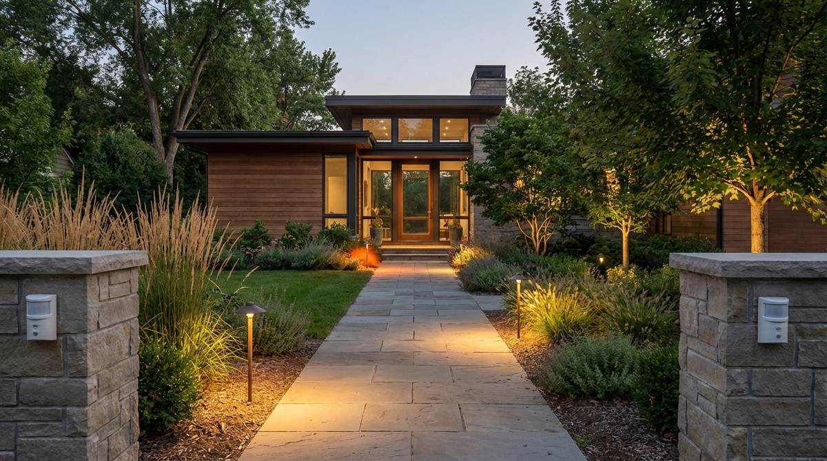 A modern garden lighting system with occupancy sensor zone controls, showing motion detectors triggering architectural lighting in response to human presence. The image illustrates sensors with 180-degree coverage patterns aimed at approach paths, providing security while conserving energy during unoccupied periods.