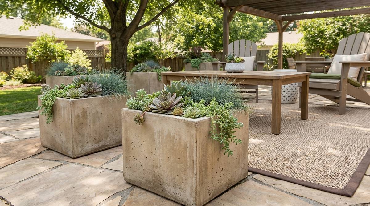 Cube-shaped planters at coffee table height, serving as both footrests and container gardens with low-maintenance succulents or ornamental grasses like sedums, hens-and-chicks, or blue fescue grass, ideal for small backyard designs.