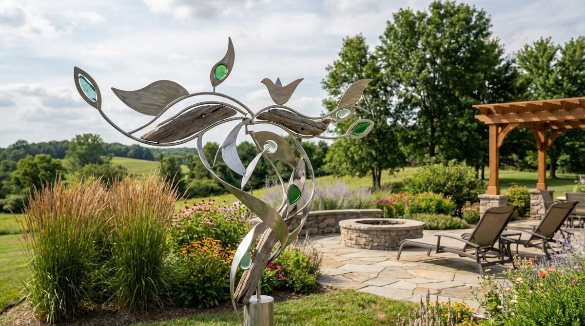 Kinetic mobile sculpture crafted from weather-resistant materials like metal, wood, or recycled elements, featuring artistic movement in garden settings with abstract modern or nature-themed designs.