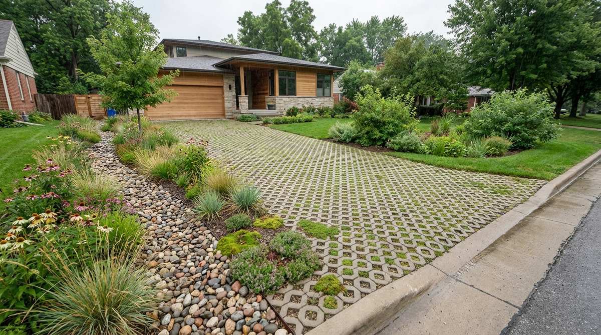A modern front yard garden featuring permeable driveway integration with porous concrete or pavers that allow water infiltration. Native groundcover grows between the pavers, creating a living surface that filters stormwater runoff. The design includes bioswales and rain gardens to manage larger storm events, reducing the burden on municipal infrastructure and preventing puddling and ice formation.