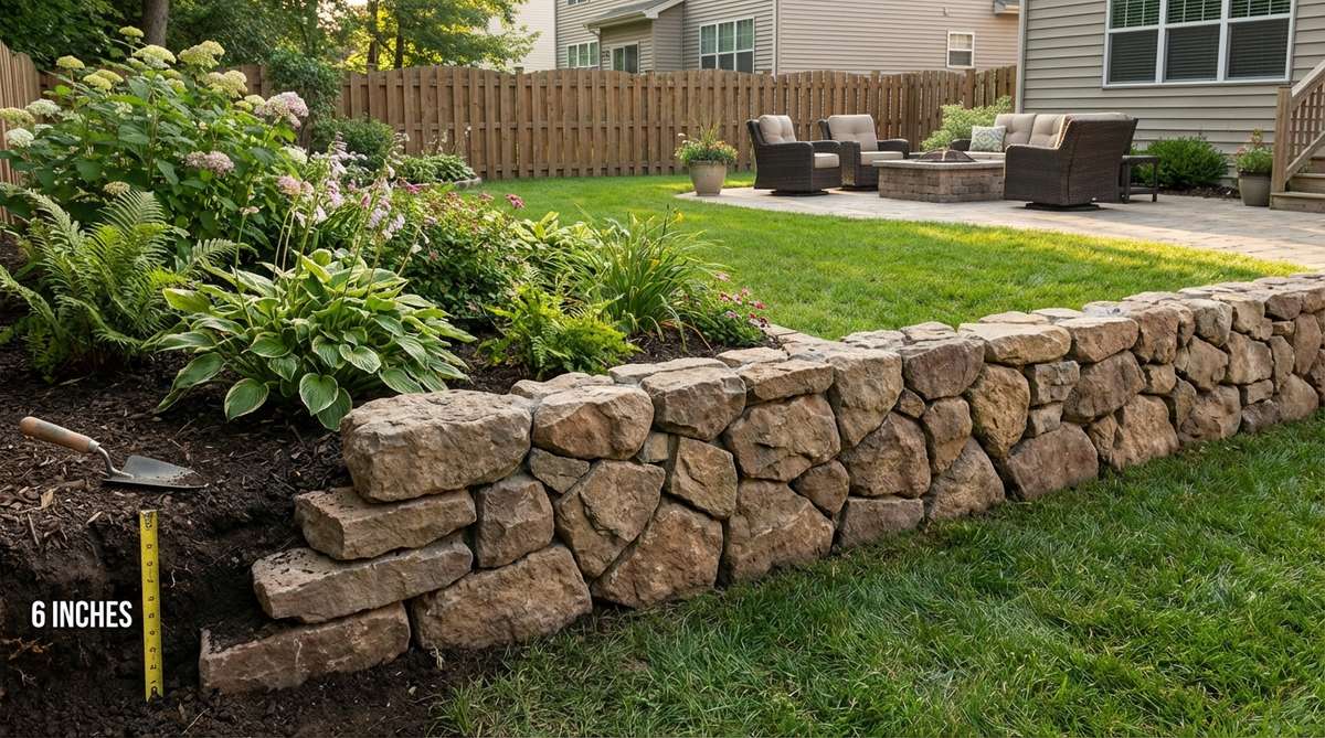 A stone garden edging barrier designed to prevent pets from digging into planting beds. Tight-fitting stones create an uncomfortable surface for cats and redirect pet activity to designated areas, with installation tips for burying stones 6 inches deep to deter determined diggers.