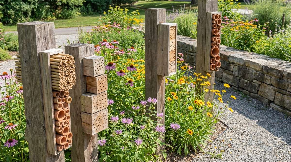 A garden decoration featuring pollinator habitat stations with bundled hollow stems, drilled wood blocks, and clay tubes for solitary bees. Mounted on posts or walls in sunny locations near flowering plants to support native bee species with 3-10mm tube diameters.