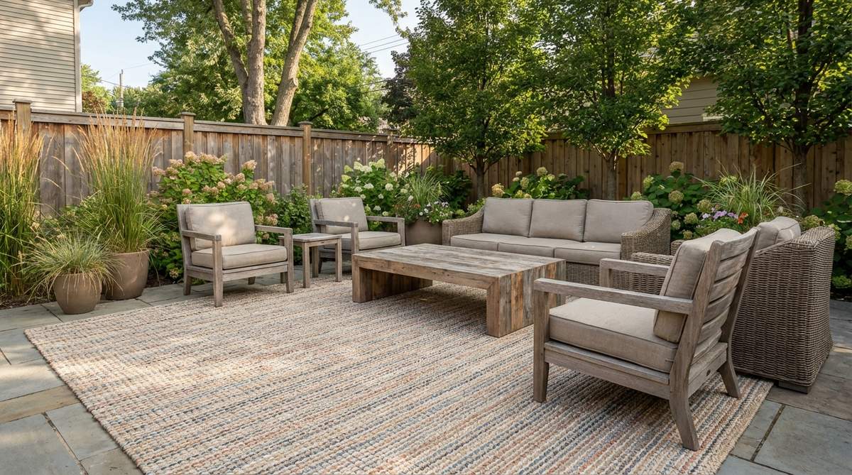 A decorative privacy screen positioned behind corner seating in a cozy garden setting, creating enclosure and blocking unwanted views. The screen features cutout patterns that maintain airflow and create interesting shadow play, with folding screens offering adjustability and lattice panels providing permanence. This setup enhances privacy in garden corners visible from neighboring properties.