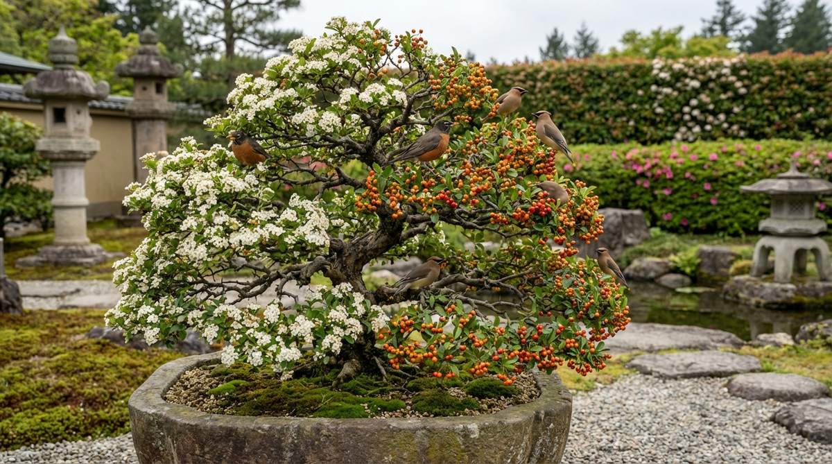 A Pyracantha bonsai tree in a Japanese garden setting, showcasing its white spring flowers transitioning to vibrant orange, red, or yellow berries that last through winter. The image highlights the thorny branches that require careful pruning and wiring, with dense foliage that responds well to aggressive shaping while maintaining plant health. Birds are depicted interacting with the fruit, illustrating the dynamic seasonal cycle of this species.