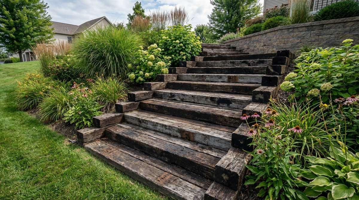 Salvaged railroad ties stacked in a stair-step configuration create durable stadium-style garden seating on slopes. The creosote-preserved wood resists decay while displaying industrial-strength rustic character, with dark weathered appearance contrasting dramatically with surrounding plantings.