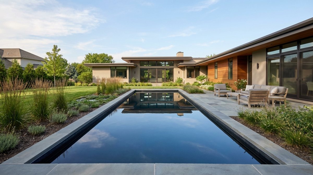 A modern garden reflecting pool with dark interior, flush coping, and still water mirroring architecture and sky, creating a meditative focal point that enhances visual impact and spaciousness.
