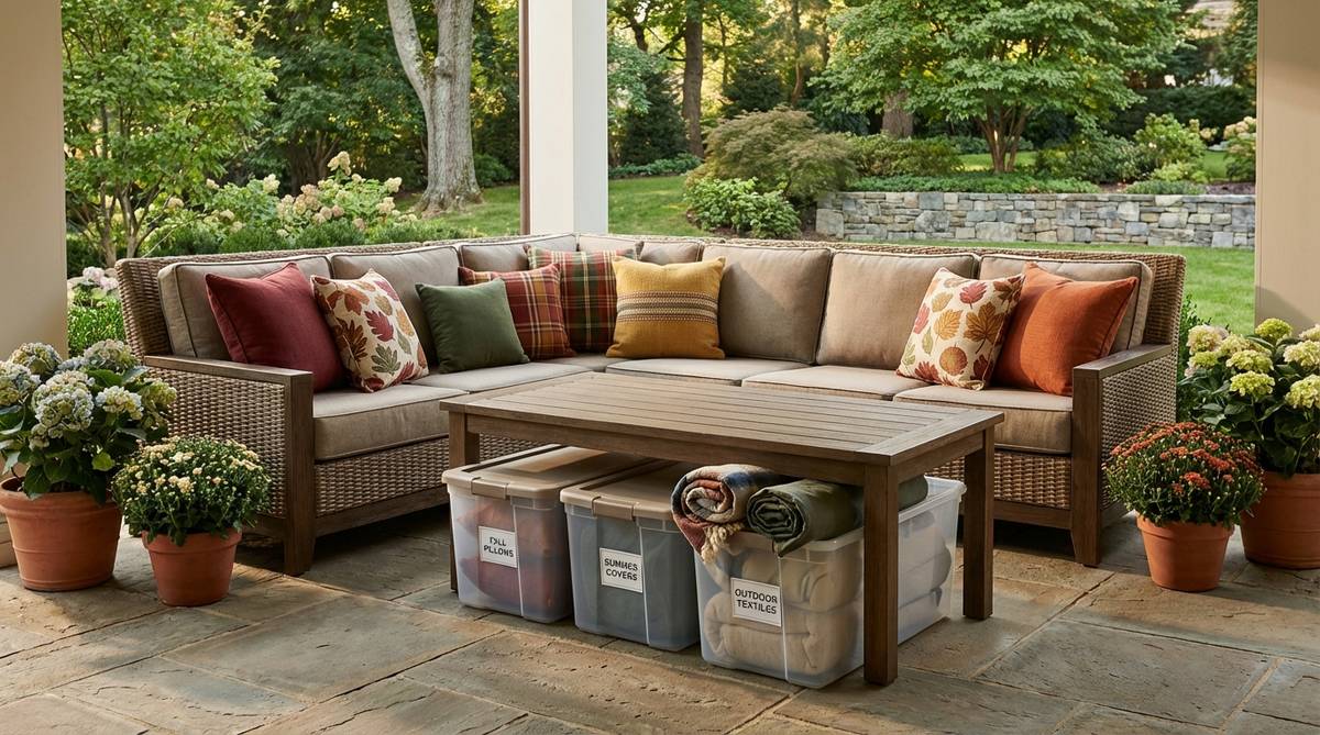 A vibrant outdoor porch setting showcasing seasonal pillow rotations with patterned covers on durable furniture, highlighting how to refresh decor efficiently by swapping covers and storing off-season items in labeled bins.