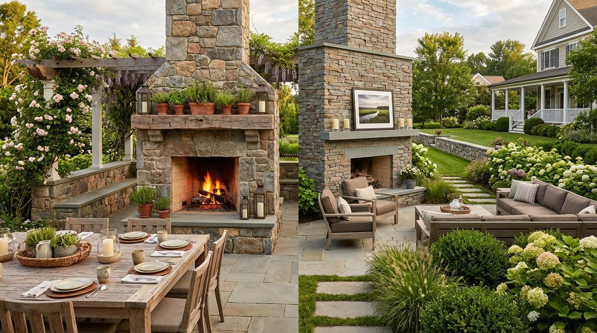 A double-sided see-through fireplace positioned perpendicular to the main patio axis, serving as a dual focal point for both dining and lounge zones. The fireplace features different mantel treatments on each side to suit the distinct character of each outdoor space, providing warmth for cool-weather meals on one side and serving as a conversation centerpiece on the other. This shared feature creates connection while clearly marking the boundary between outdoor living areas.