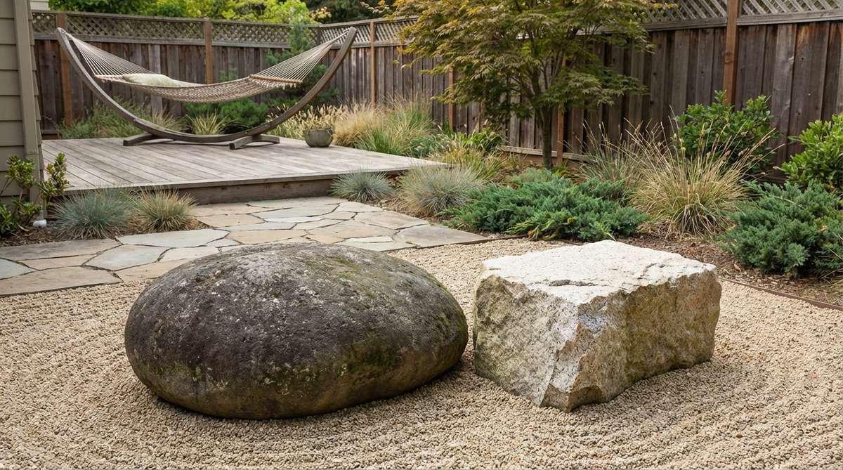 A zen garden composition featuring a smooth river-polished boulder paired with a rough angular quarried stone, positioned for direct visual comparison to highlight textural contrast and create dialogue between opposing natural processes.