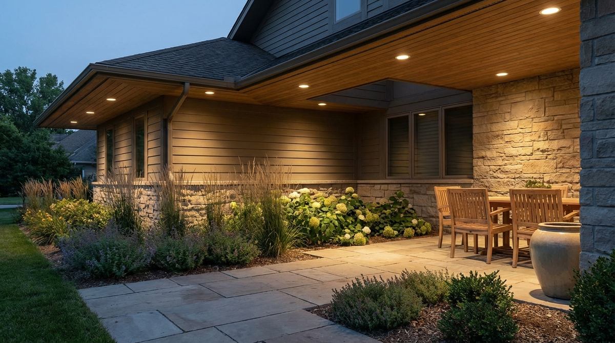 A close-up image showing recessed soffit downlights installed in building eaves, illuminating a patio and adjacent planting beds with narrow flood beams. The architectural integration conceals the fixtures while providing broad coverage for garden decor lighting.