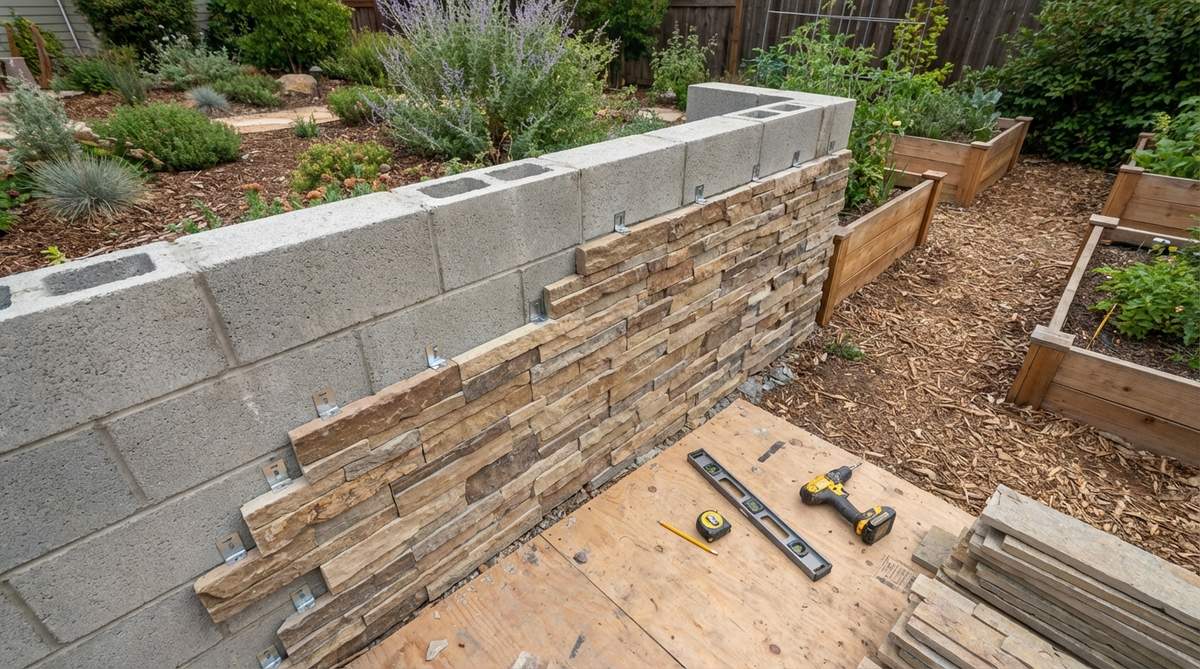 A DIY homeowner installing pre-assembled stone panels using the Z-clip mounting system on a concrete block wall, demonstrating the efficient stacked ledger panel installation method without wet mortar.