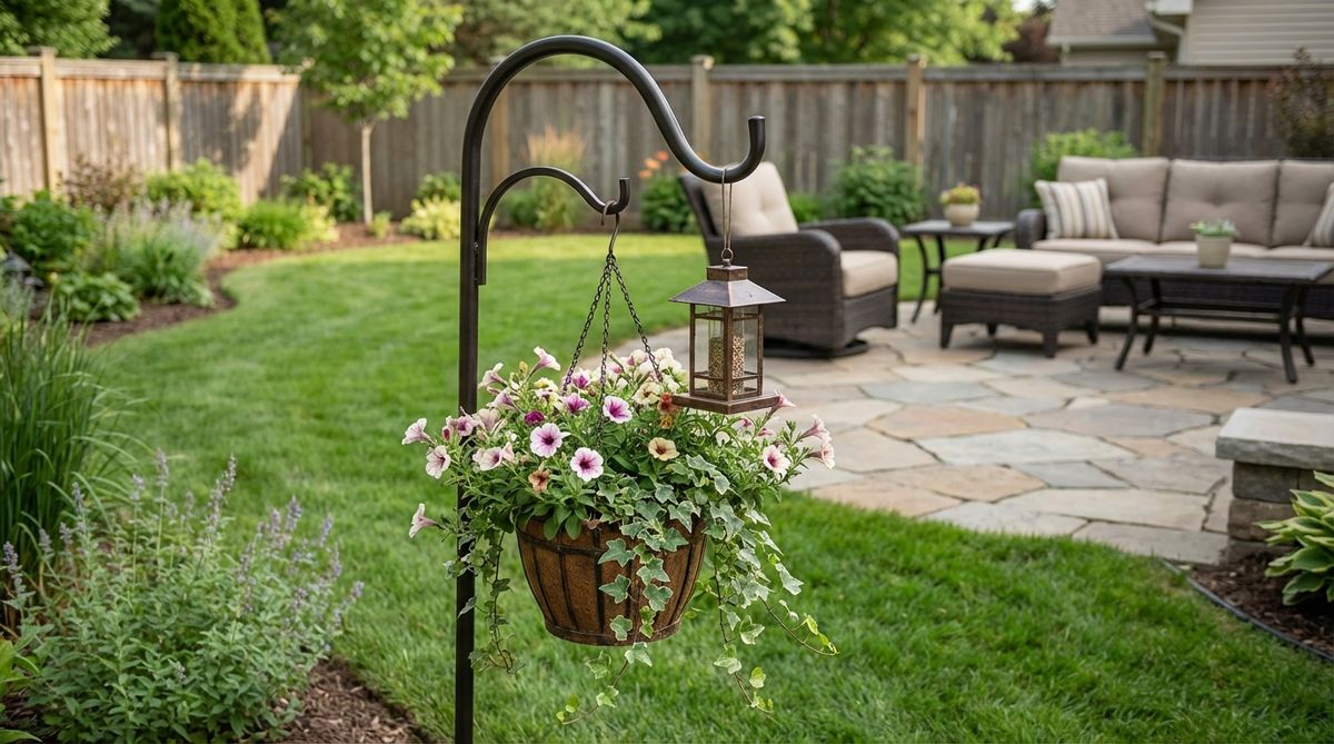 A durable steel shepherd hook with a curved design, ideal for hanging planters, lanterns, or bird feeders in garden settings. Features heavy-gauge construction for stability and powder-coated finishes to match other metal decor elements.