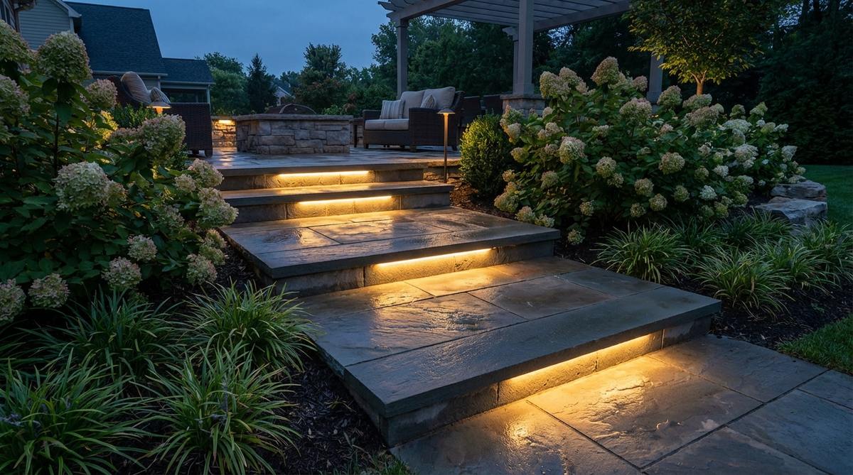 Recessed step lighting integrated into outdoor stair risers, providing safe illumination of tread surfaces without protruding into walkways. Weatherproof LED fixtures with warm dimming capabilities installed during hardscape construction.