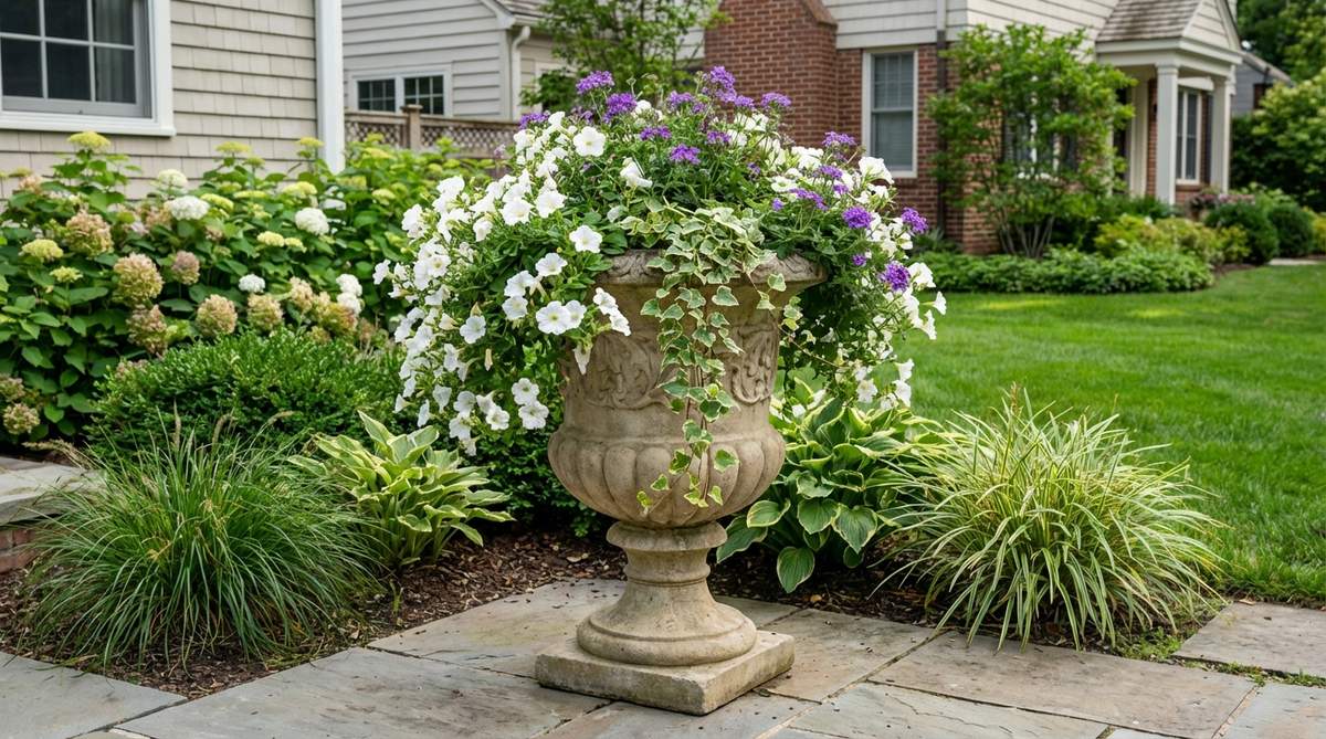 A large decorative stone urn serving as an elevated planting vessel with carved details and classical proportions, functioning as both a container and a sculpture. It features drainage-equipped bases for healthy plant growth and is suitable for seasonal annuals or trailing plants that spill over the carved rims, with the stone material helping to regulate soil temperature.