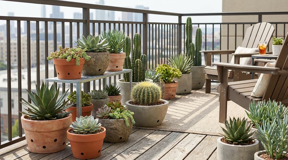 A low-maintenance urban balcony garden featuring drought-tolerant succulents and cacti in well-draining containers, ideal for hot climates and busy schedules.