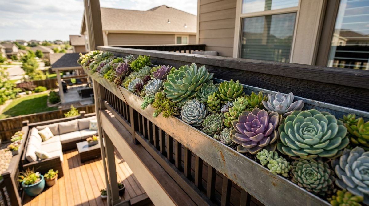 A shallow railing trough filled with drought-tolerant succulents like Echeveria, sedum, and sempervivum, creating a modern living sculpture ideal for balcony decor with minimal water needs.