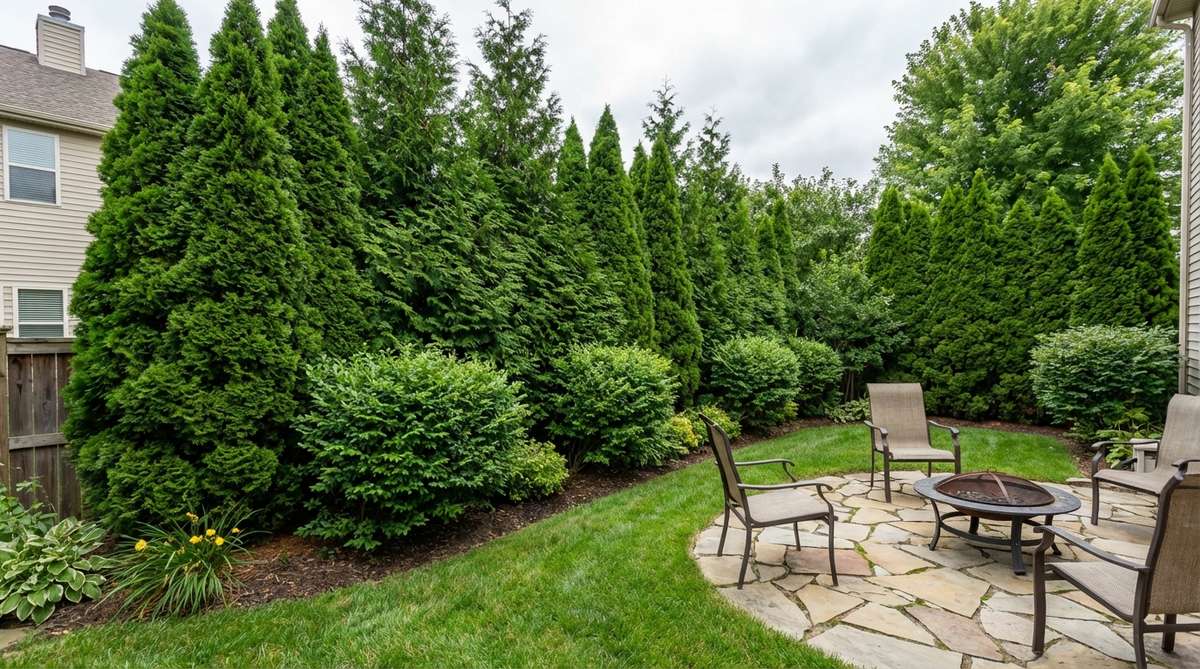 A dense evergreen hedge of arborvitae or privet plants creating a living privacy wall in a small garden backyard, with staggered rows for effective screening and air quality improvement.