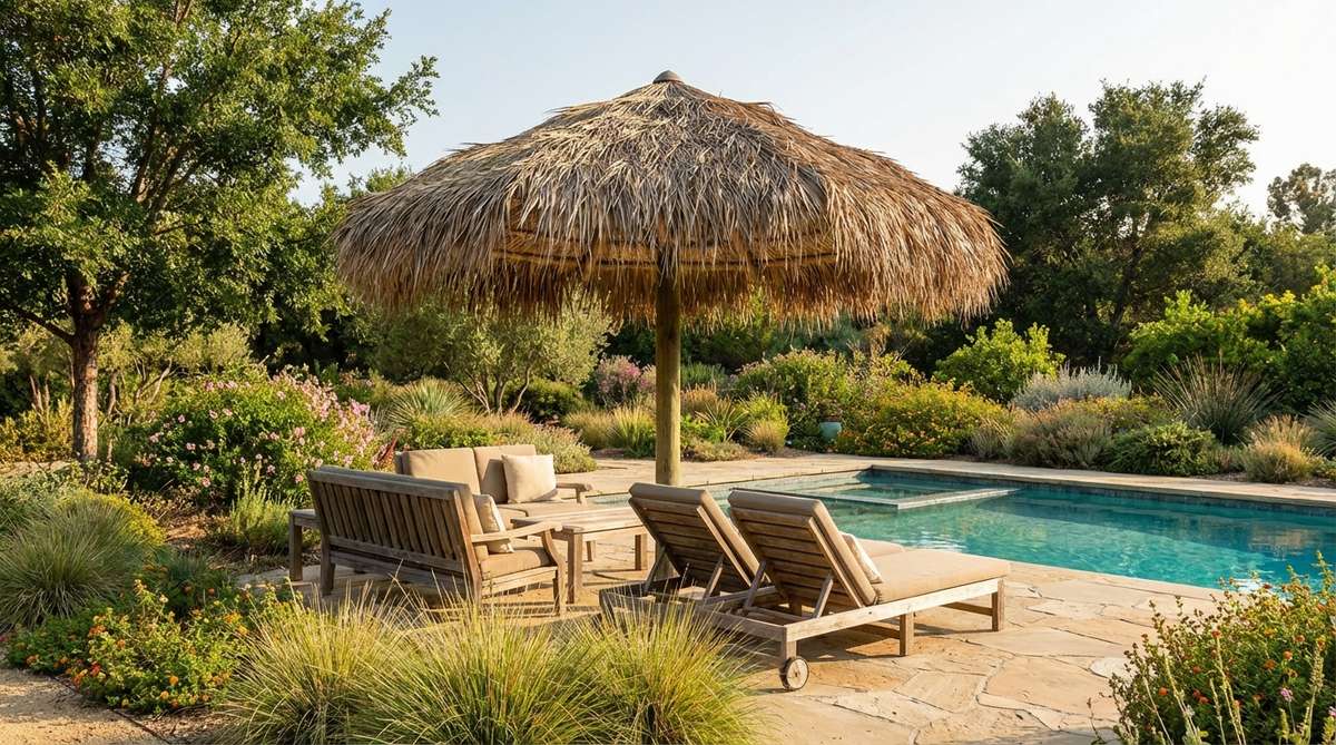 A natural palm thatch umbrella providing superior shade and tropical resort styling, ideal for outdoor dining, lounge areas, or poolside settings to create an instant vacation atmosphere.