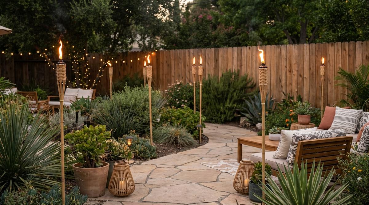 Bamboo or metal tiki torches in a boho garden setting, providing tropical perimeter lighting with open flames for drama and insect deterrent. Installed 6-8 feet apart using citronella fuel oil, ensuring safety and ambiance.