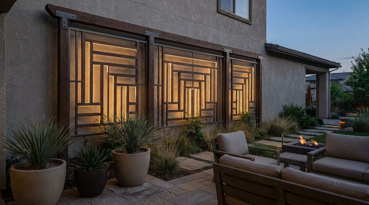 A modern garden trellis with geometric LED light patterns woven through its grid, creating vertical illumination displays against a building wall during evening hours.