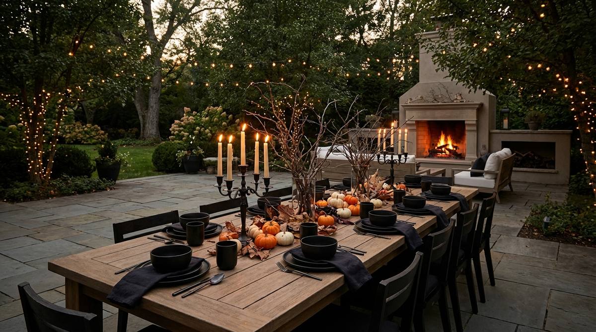 An outdoor dining area set in twilight, featuring black tableware, candlelight, and seasonal decor like branches and mini pumpkins, creating a theatrical and grown-up Halloween ambiance.