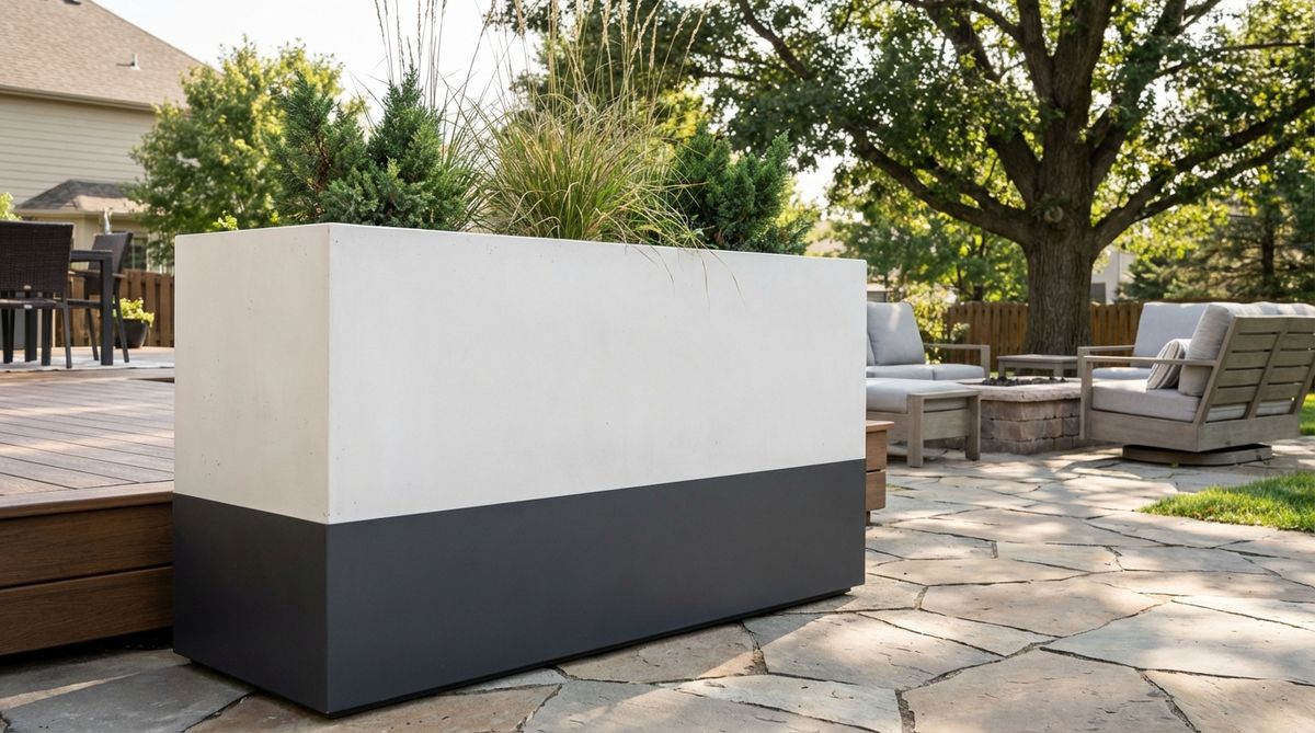 A modern outdoor planter featuring a two-tone color blocking design with contrasting upper and lower sections, such as white over gray or black over bronze, adding graphic interest and visual complexity to geometric forms, ideal as an accent piece in garden decor.