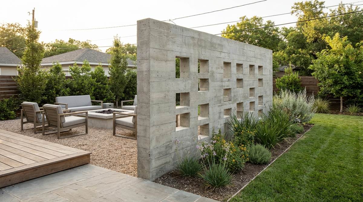 A freestanding concrete wall with geometric openings serving as a vertical room divider in a modern garden. The screen partitions spaces without complete enclosure, featuring repeating patterns for visual rhythm and a thickness of 6-8 inches for stability.