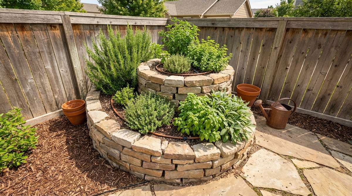A vertical herb spiral wall garden, featuring a coiled design that maximizes planting surface in limited wall space for culinary herbs like rosemary, with microclimate customization for varying sun exposure and drainage needs.