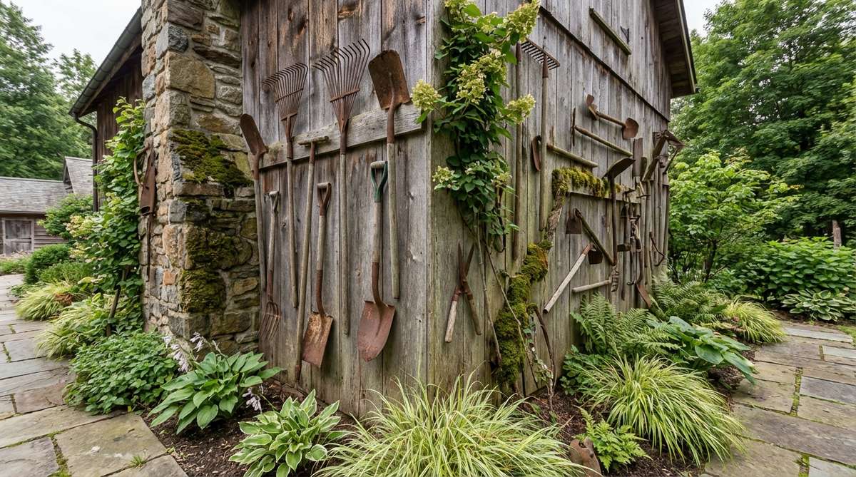 A display of weathered vintage garden tools such as rakes, spades, and hoes, arranged artistically on a wall or in a corner to celebrate gardening heritage with a sculptural quality.