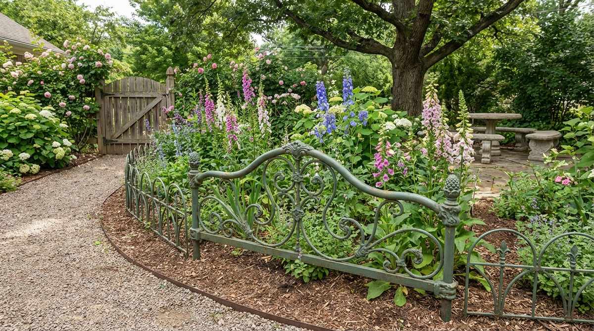A repurposed vintage metal or wooden headboard used as decorative garden bed edging, featuring ornate Victorian-style posts and rails that support tall flowering plants while creating defined borders between planting areas and pathways.