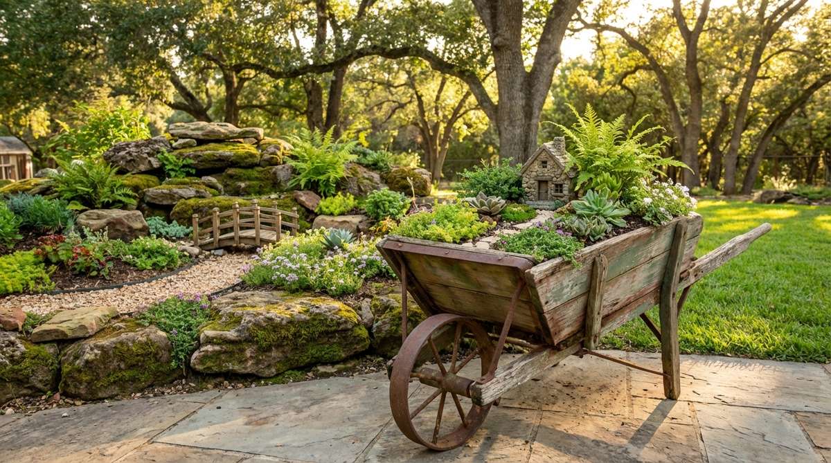 A weathered metal or wooden wheelbarrow transformed into a charming mobile fairy garden, featuring layered rocks for drainage, miniature structures, winding pathways, and lush plantings. The rustic patina and aged paint provide authentic character that complements the whimsical fairy elements, while the wheelbarrow's mobility allows for easy seasonal repositioning to optimize sunlight exposure.