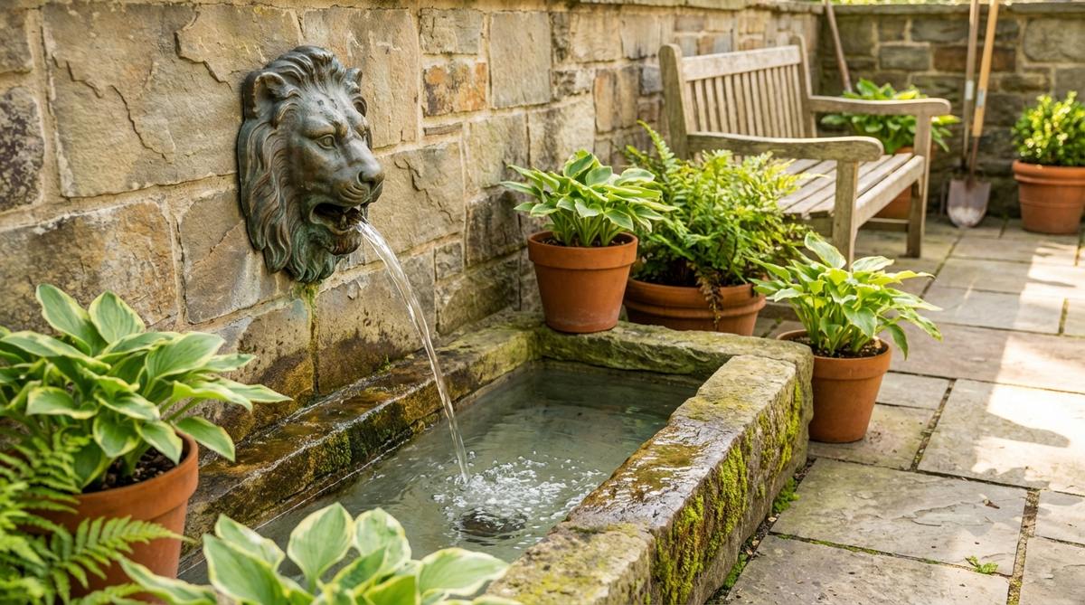 A decorative wall-mounted water spout featuring ornate designs like lion heads or geometric shapes, pouring water into a basin below. Perfect for small patios and outdoor spaces where vertical interest and soothing water sounds are desired.