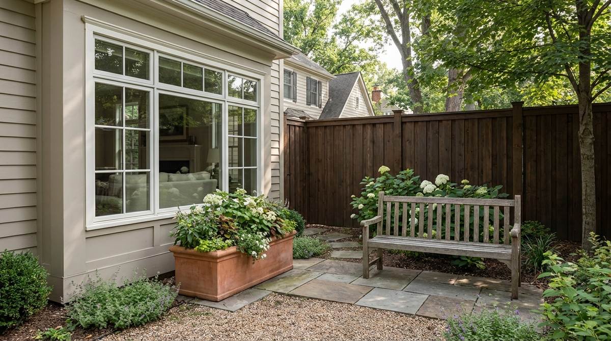 A garden bench and planter positioned directly opposite a window to create a balanced focal point visible from indoors. This relaxing garden idea transforms a blank fence into a composed scene, especially effective for narrow-lot homes where windows face side fences.