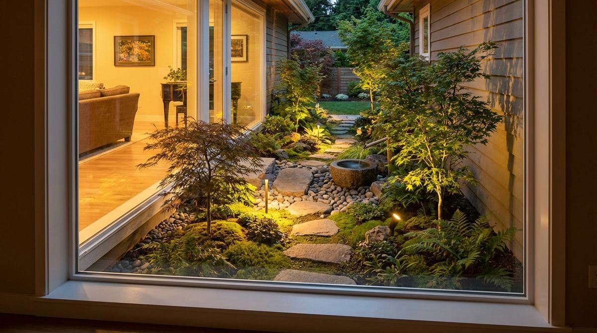 A narrow planting bed outside a window, creating a framed living artwork with scaled plants and stones, designed for indoor viewing and enhanced with evening lighting in a modern Japanese garden.