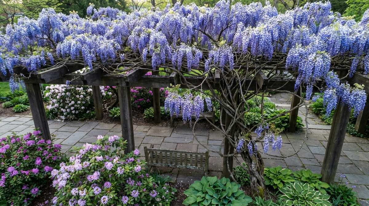 A stunning overhead view of a Japanese wisteria arbor canopy with cascading blue-violet flower clusters creating a seasonal curtain in spring garden design. The image shows the dramatic floral display trained over sturdy wooden support structures, illustrating how wisteria creates both spring beauty and winter interest through its twisted vines.