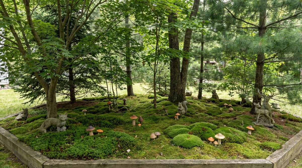 A miniature woodland forest garden featuring multiple trees of varying heights creating a canopy over moss-covered ground, with mushroom accessories and woodland animal figurines. It showcases layered moss types like sheet and cushion moss for texture, ideal for shadier locations with naturalistic, low-maintenance care.