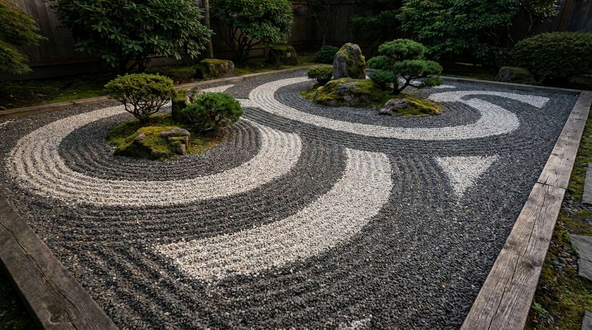 A close-up view of raking patterns in a Japanese Zen garden, designed to mimic the flowing brushstrokes of traditional calligraphy, creating artistic connections between writing and garden arts with curved lines that suggest character forms.